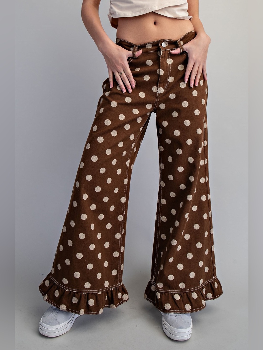 Polka Dot Ruffle Hem Wide Leg Jeans - eesome